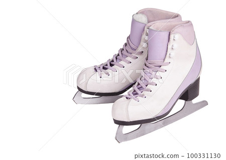 Close-up photo of professional ice skates standing isolated on white. Close-up photo of professional ice skates standing isolated on white. 100331130