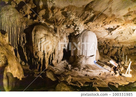 Tham Nam Lod caves in Mae Hong Son province Thailand offers beautiful stalagmite and stalactite formation in its large chamber 100331985
