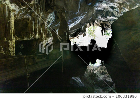 Tham Nam Lod caves in Mae Hong Son province Thailand offers beautiful stalagmite and stalactite formation in its large chamber 100331986