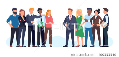 Two corporate teams. Business confrontation. Healthy competition. Men and women standing together. Businessmen opponent groups. Workers rivalry. Colleagues challenge. Vector concept 100333340