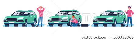 Man replaces flat tire on car. Person replacing wheel to continue driving. Vehicle repair. Tyre replacement service. Upset or happy driver. Vector automobile fixing maintenance process set 100333366