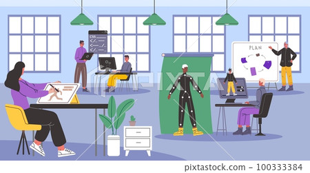 Game developers in office. Specialists create computer gaming characters and play script. Coworking space. Programmers work team. Digital designers. Virtual production. Vector concept 100333384