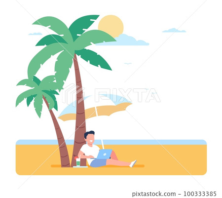 Freelance man working with laptop on beach. Remote job. Happy male entrepreneur relaxing under palms and umbrella. Summer vacation. Freelancer lying on sea shore sand. Vector concept Freelance man working with laptop on beach. Remote job. Happy male entrepreneur relaxing under palms and umbrella. Summer vacation. Freelancer lying on sea shore sand. Vector concept 100333385