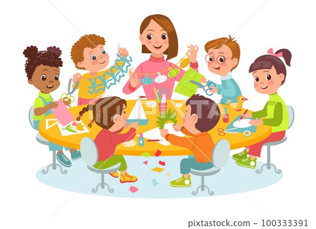 Children make paper crafts with teacher. Joint creativity. Students group at table. Kids carve figurines. Boys and girls cut and fold pages. Kindergarten lesson. Splendid vector concept 100333391