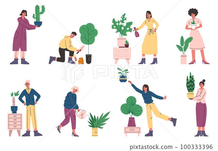 Cartoon happy people care room plants. Green cozy environment. Interior houseplants. Flowers growing in pots. Persons planting cactus and ficus in flowerpots. Vector home gardening set Cartoon happy people care room plants. Green cozy environment. Interior houseplants. Flowers growing in pots. Persons planting cactus and ficus in flowerpots. Vector home gardening set 100333396