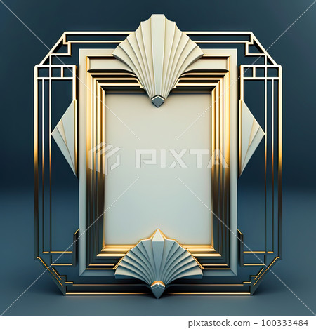 Golden ornamental art deco frame on black bakcground. Retro golden art deco or art nouveu frame with vintage ornament. Generative AI 100333484