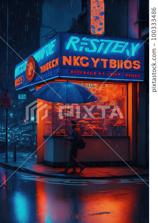 Cyberpunk styled cafe on the street corner with neon lights. Futuristic fast food restaurant with fake neon signs. Generative AI. 100333486