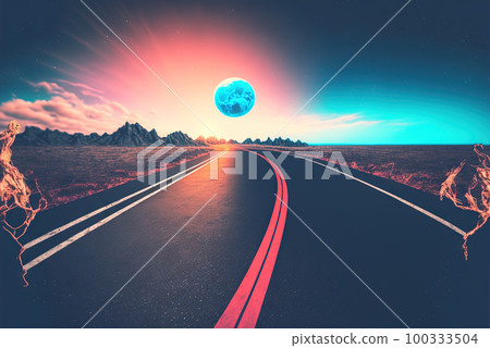 Road to the horizon concept with synthwave colors. Abstract background with surreal night way in 80s style. Generated AI. 100333504