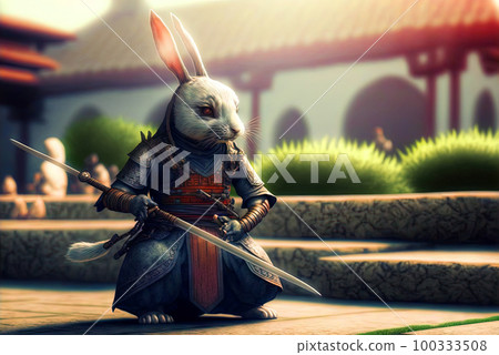 Rabbit samurai in traditional drawing style. Japanese styled art with hare warrior in kimono. Generated AI. 100333508