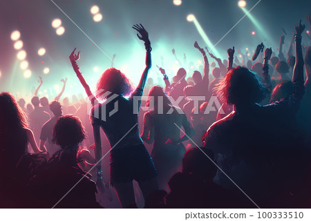 Party people on the show. Night club with lights and dancing people. Party crowd. Generated AI. 100333510