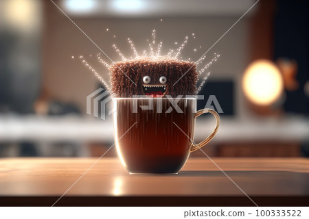 Coffee monster with crazy eyes. Cute character with caffeine energy, very excited. Generated AI. 100333522