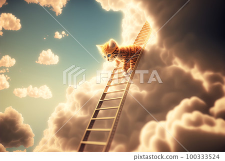 Curious kitten climbing the ladder to the sky with clouds. Cute tiny cat on the stairway. Generated AI. Curious kitten climbing the ladder to the sky with clouds. Cute tiny cat on the stairway. Generated AI. 100333524