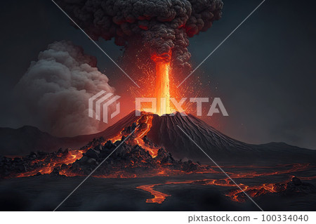 Volcanic eruption with flowing lava and ash emission. Natural disaster. Dramatic landscape with active volcano. Created with Generative AI 100334040