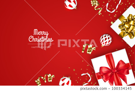 Happy New Year and Merry Christmas. Background with realistic holiday ball and gift. White christmas balls,shiny confetti and gold snowflake 100334145