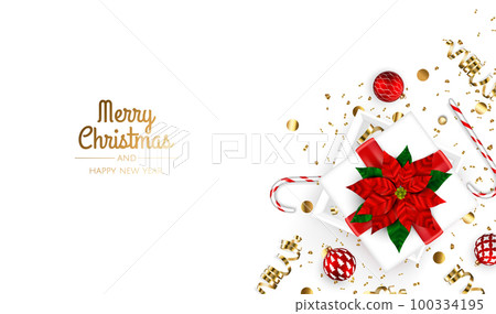 Merry Christmas and Happy New Year. Xmas Festive background with realistic 3d objects, gift box, gold and white balls. Merry Christmas and Happy New Year. Xmas Festive background with realistic 3d objects, gift box, gold and white balls. 100334195