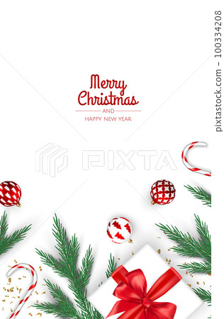 Merry Christmas and Happy New Year. Xmas Festive background with realistic 3d objects, gift box, gold and white balls. Merry Christmas and Happy New Year. Xmas Festive background with realistic 3d objects, gift box, gold and white balls. 100334208