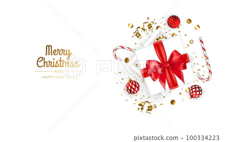 Christmas banner. Xmas background design with realistic gift box, snowflake and golden confetti glitter. Horizontal Christmas poster, greeting cards, headers, website Christmas banner. Xmas background design with realistic gift box, snowflake and golden confetti glitter. Horizontal Christmas poster, greeting cards, headers, website 100334223