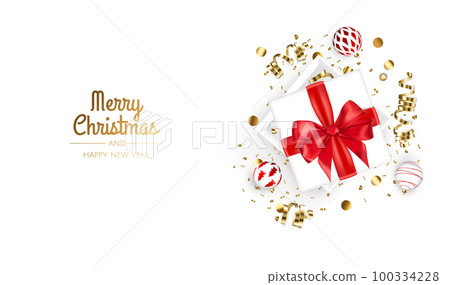 Happy New Year and Merry Christmas. Background with realistic holiday ball and gift. White christmas balls,shiny confetti and gold snowflake 100334228
