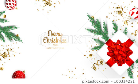 Happy New Year and Merry Christmas. Background with realistic holiday ball. White christmas balls,shiny confetti and gold snowflake 100334251