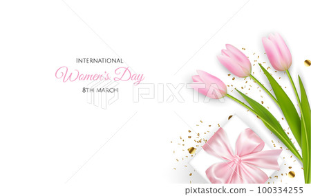 Mother s Day greeting card. Vector banner with pink tulips 100334255