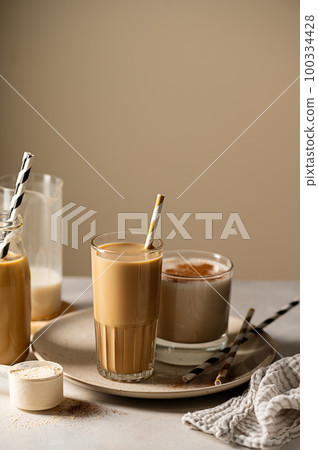 Chocolate protein drink or coffee refreshing drinks. 100334428