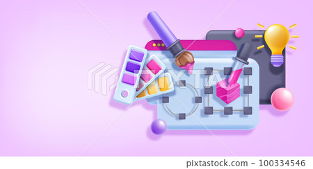 3D website design banner, vector UI UX page redesign illustration, interface design tools, palette. 3D website design banner, vector UI UX page redesign illustration, interface design tools, palette. 100334546