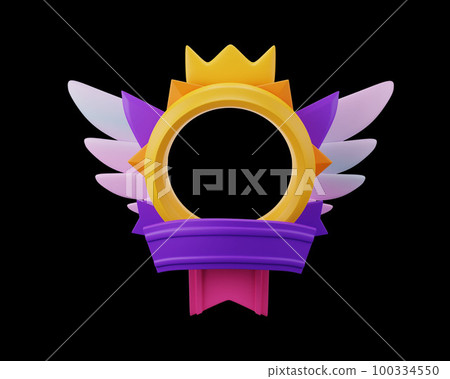3D avatar frame, photo border cartoon render, game award fantasy badge, golden circle, crown. 100334550