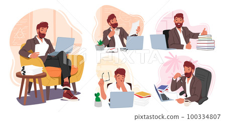 Set Male Teacher In Classroom Setting Checking Homework or Test, Prepare Tutorial Plans and Educational Materials Set Male Teacher In Classroom Setting Checking Homework or Test, Prepare Tutorial Plans and Educational Materials 100334807