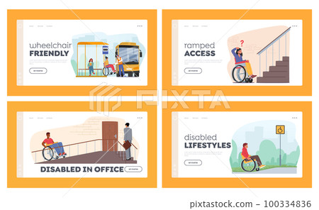 Inclusion, Disability Rights Landing Page Template Set. Disabled People On Wheelchairs Using Ramps To Access Buildings 100334836