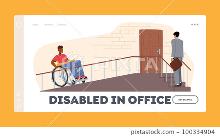 Disabled in Office Landing Page Template. Male Character on Wheelchair Using A Ramp To Access Building Porch Disabled in Office Landing Page Template. Male Character on Wheelchair Using A Ramp To Access Building Porch 100334904