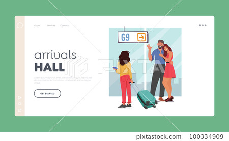 Arrival Halls Landing Page Template. Parents And Daughter Meet in Airport. Joy Of Being Reunited With Loved Ones Concept 100334909