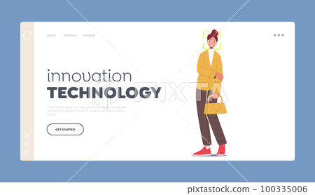 Innovation Technology Landing Page Template. Female Character With Scanning Frame On Face, Concept Of Facial Recognition 100335006