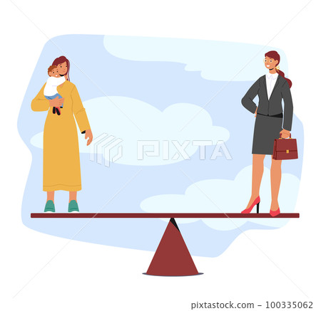Woman Standing On Scales Choose Between Career And Motherhood. Internal Struggle And Difficult Choices 100335062