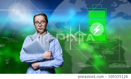 Young female student on green natural background with renewable energy icons Young female student on green natural background with renewable energy icons 100335126