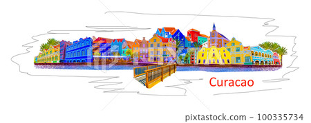 Willemstad, Curacao, Netherlands - promenade with colorful buildings at sunny day. Collage 100335734
