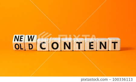 New or old content symbol. Concept words New content and Old content on wooden cubes. Beautiful orange table orange background. Business New or old content concept. Copy space. New or old content symbol. Concept words New content and Old content on wooden cubes. Beautiful orange table orange background. Business New or old content concept. Copy space. 100336113