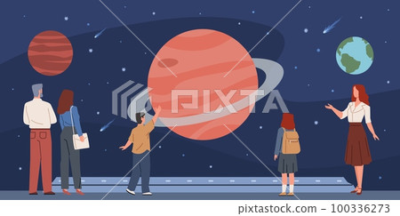 People at astronomy museum. Excursion for adults and children, visitors view starry sky projection, men women and kids in planetarium, cartoon flat characters, nowaday vector concept People at astronomy museum. Excursion for adults and children, visitors view starry sky projection, men women and kids in planetarium, cartoon flat characters, nowaday vector concept 100336273