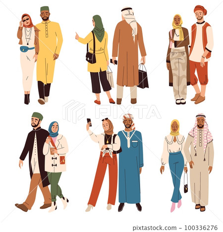 Islamic modern couples. Muslim men and women in fashionable oriental clothes, hijabs, skullcaps and arafat, trendy accessories, happy husband and wife, cartoon flat characters tidy vector set Islamic modern couples. Muslim men and women in fashionable oriental clothes, hijabs, skullcaps and arafat, trendy accessories, happy husband and wife, cartoon flat characters tidy vector set 100336276