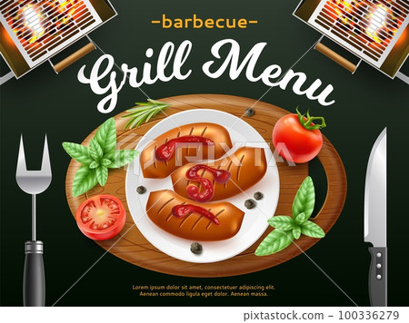 Bbq grill menu cover. Glowing coals, top view plate, kitchen appliances, fried sausages with herbs and tomatoes on wooden board, barbecue poster, 3d isolated elements, utter vector concept Bbq grill menu cover. Glowing coals, top view plate, kitchen appliances, fried sausages with herbs and tomatoes on wooden board, barbecue poster, 3d isolated elements, utter vector concept 100336279