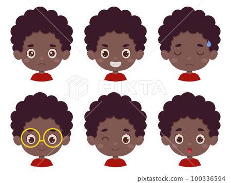 Cute cartoon little kid african boy in various expressions and gesture. Cartoon child character showing different emotions. Vector illustration 100336594