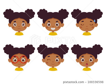 Cute cartoon little kid mulatto girl in various expressions and gesture. Cartoon child character showing different emotions. Vector illustration 100336598