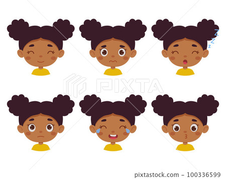 Cute cartoon little kid mulatto girl in various expressions and gesture. Cartoon child character showing different emotions. Vector illustration 100336599