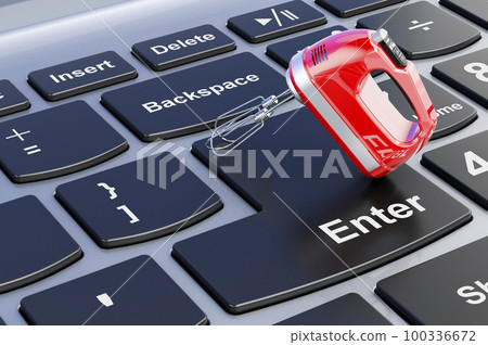 Hand kitchen mixer on laptop keyboard, 3D rendering 100336672