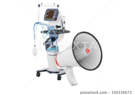 Megaphone with medical ventilator, 3D rendering 100336673