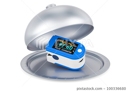 Restaurant cloche with pulse oximeter fingertip. 3D rendering Restaurant cloche with pulse oximeter fingertip. 3D rendering 100336680