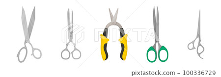 Scissors with Pair of Metal Blades as Hand-operated Shearing Tool Vector Set 100336729