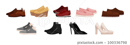 Different Footwear with Man and Woman Shoes Vector Set 100336798