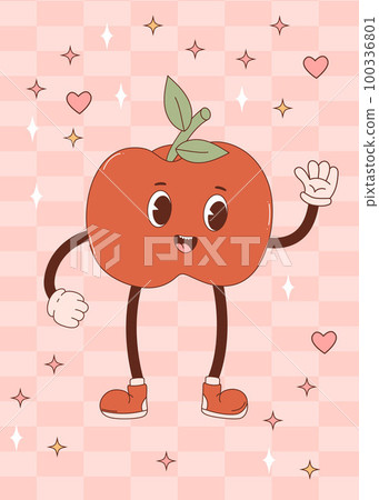 Retro vintage cartoon character apple. Groovy Funny mascot. Vector illustration. Vertical poster with cute fruit 100336801