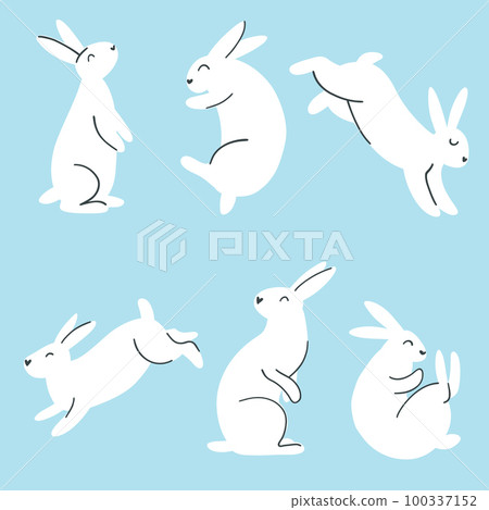 Set of minimalistic easter bunny. Vector illustration of rabbit silhouettes, farm animal in different poses for card, print, poster, web design Set of minimalistic easter bunny. Vector illustration of rabbit silhouettes, farm animal in different poses for card, print, poster, web design 100337152
