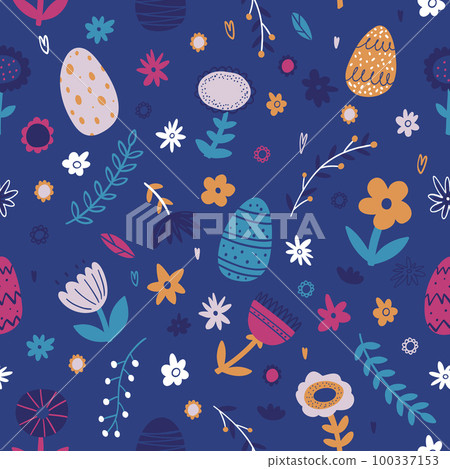 Colorful hand drawn Easter seamless pattern with plants, flowers, easter eggs. Vector background for Easter cards, wrapping paper, textile, banner, wallpaper, web design Colorful hand drawn Easter seamless pattern with plants, flowers, easter eggs. Vector background for Easter cards, wrapping paper, textile, banner, wallpaper, web design 100337153